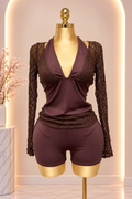A Halter Neck Lace Top and Shorts Set - Brown