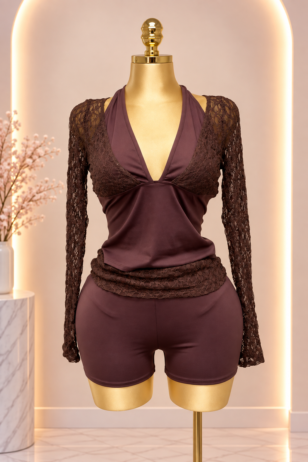 A Halter Neck Lace Top and Shorts Set - Brown