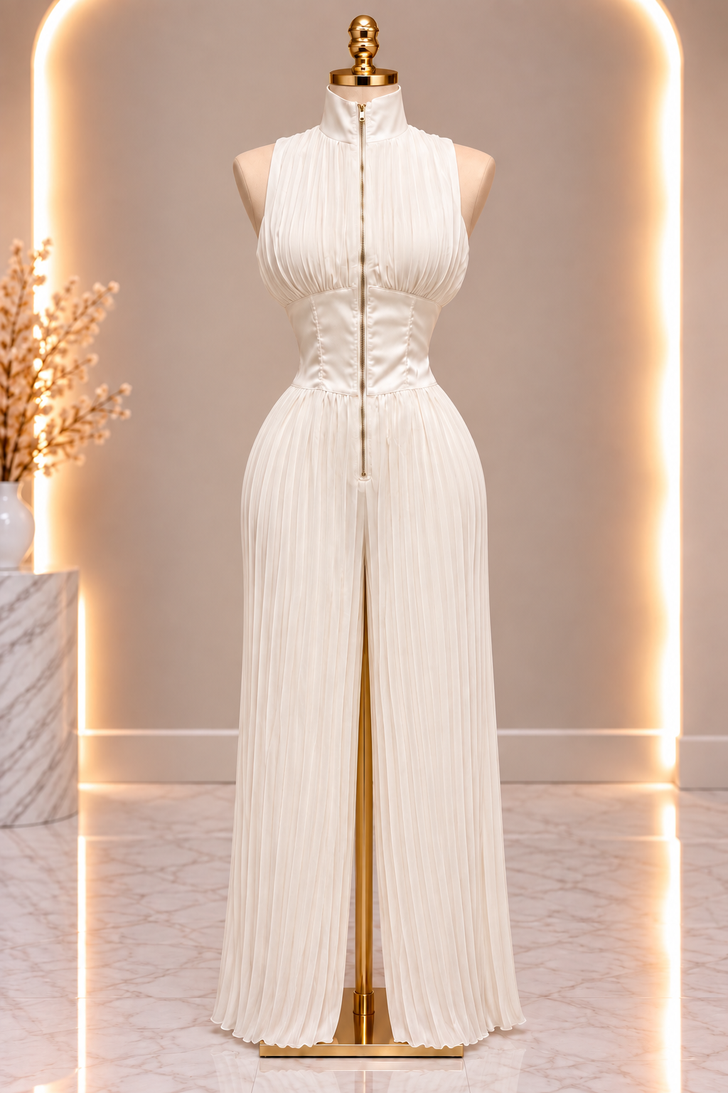 White Pleaded Halter Jumpsuit