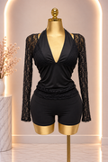 A Halter Neck Lace Top and Shorts Set - Black