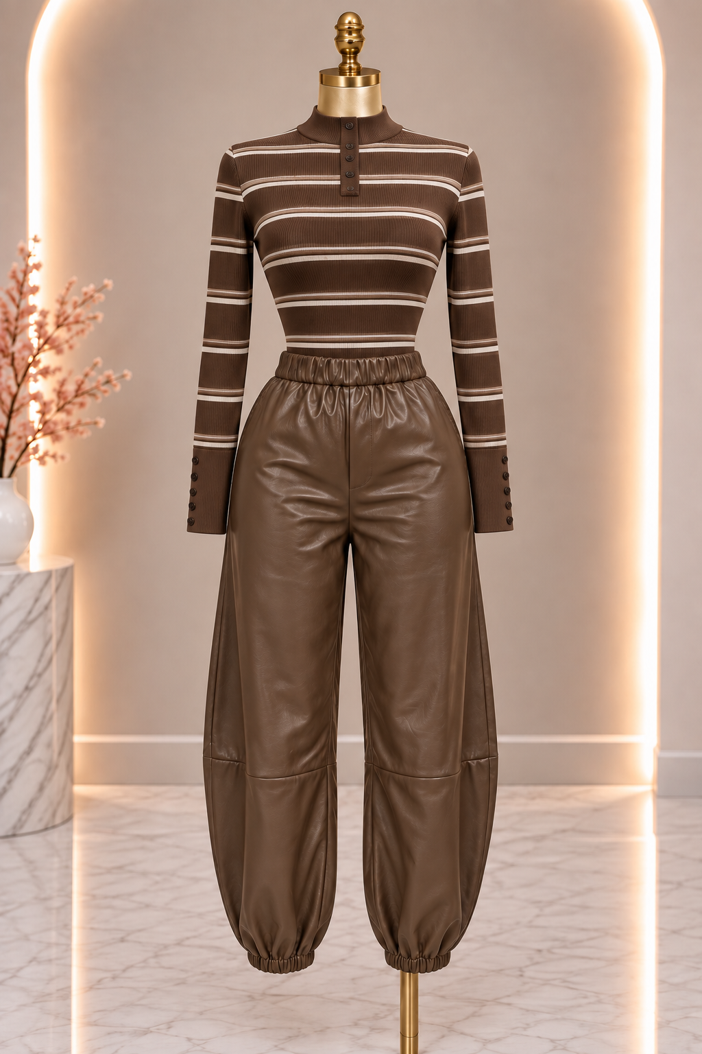 Faux Leather Jogger Pants - Brown
