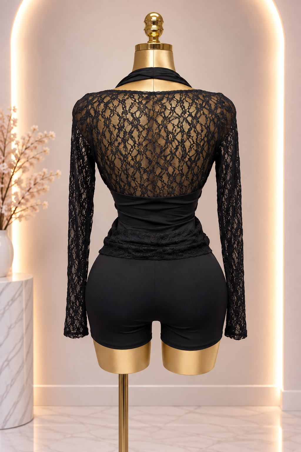 A Halter Neck Lace Top and Shorts Set - Black