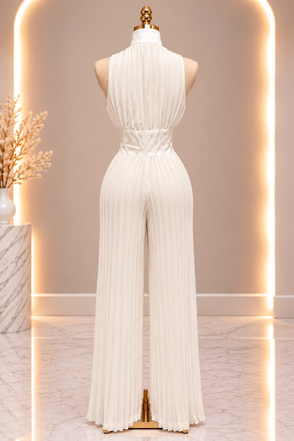 White Pleaded Halter Jumpsuit