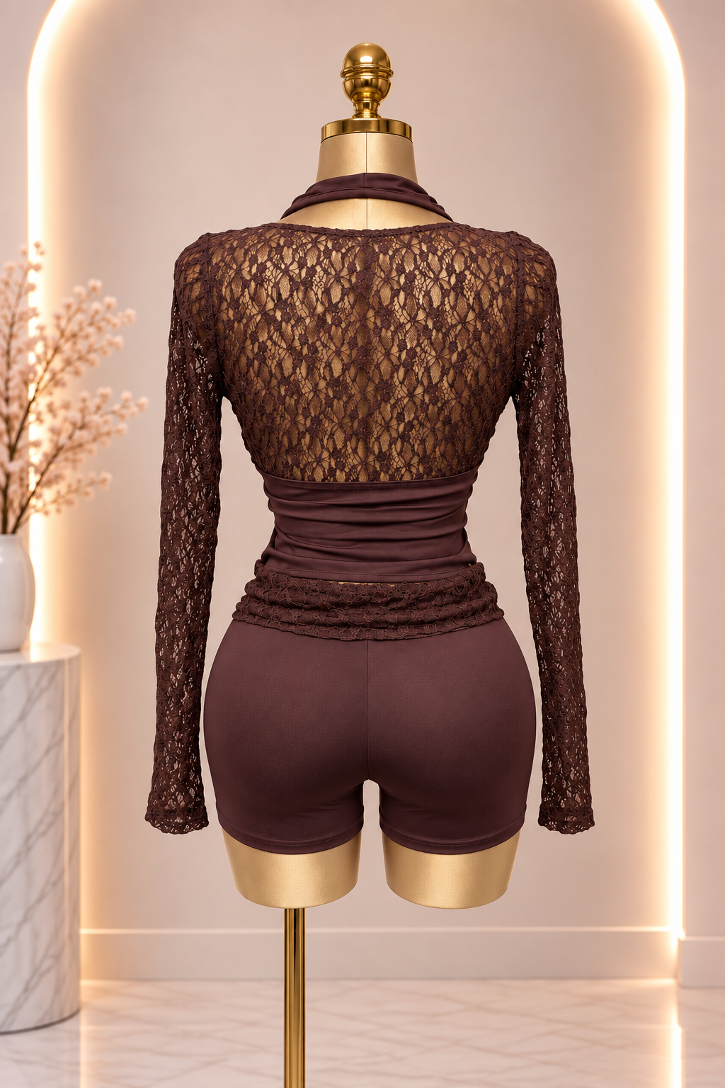 A Halter Neck Lace Top and Shorts Set - Brown
