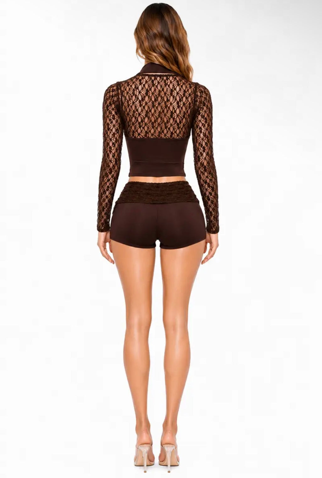 A Halter Neck Lace Top and Shorts Set - Brown